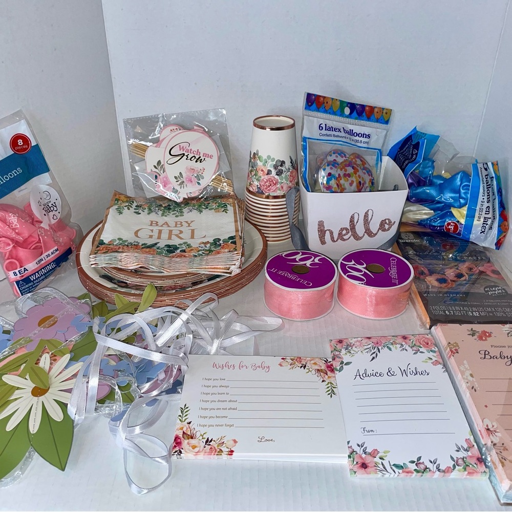 Baby Girl Shower Set Floral Plates Napkins Cups Invitations Balloons Rose Gold